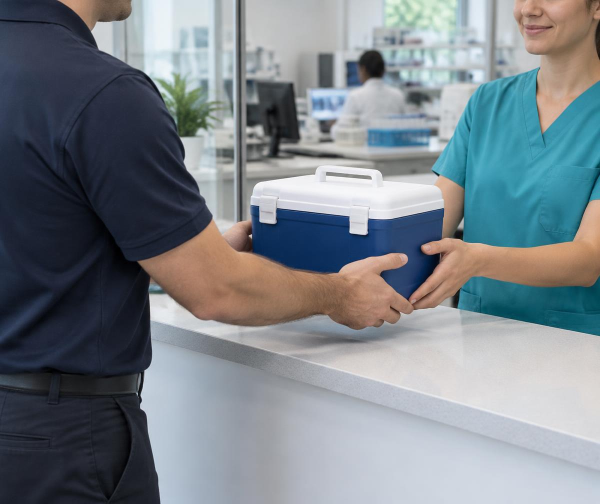 Illustrative medical courier handoff of a closed transport cooler at a laboratory